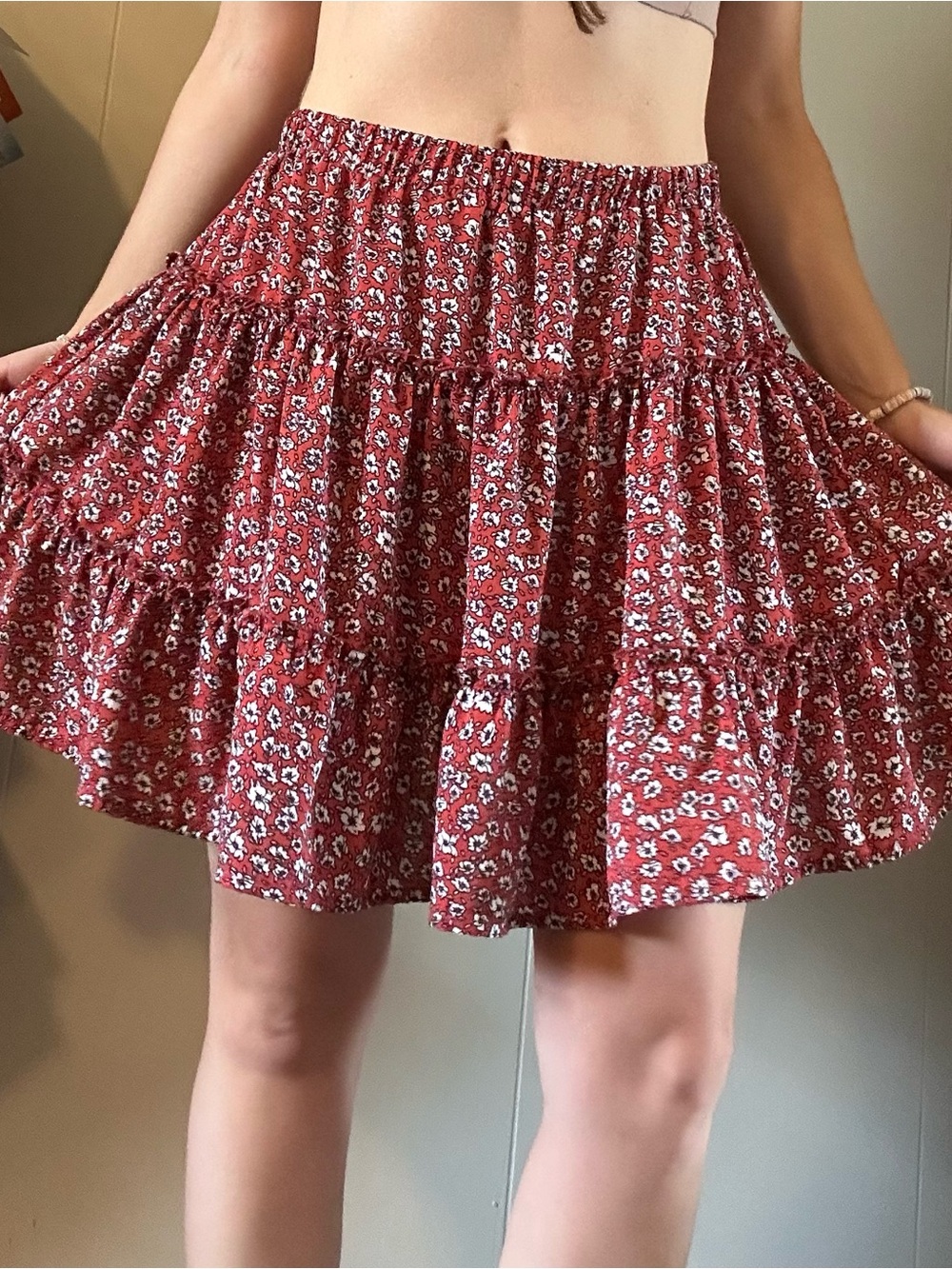 SHEIN Red Floral Tiered Skater Mini Skirt
